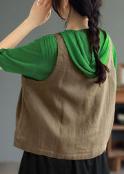 Casual Khaki V Neck Button Patchwork Linen Vest Sleeveless