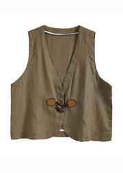 Casual Khaki V Neck Button Patchwork Linen Vest Sleeveless