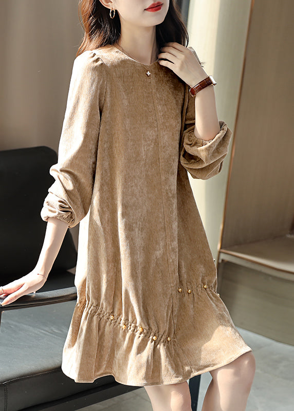 Casual Khaki Wrinkled Nail Bead Velour Mid Dresses Spring