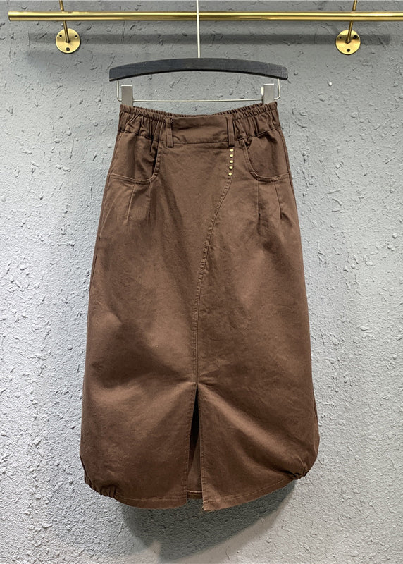 Casual Khaki Wrinkled Pockets Patchwork Cotton Skirts Fall