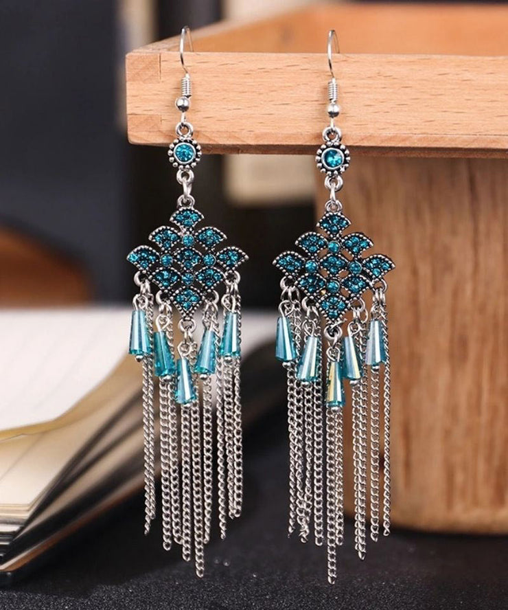 Casual Lake Blue Stainless Steel Zircon Tassel Drop Earrings