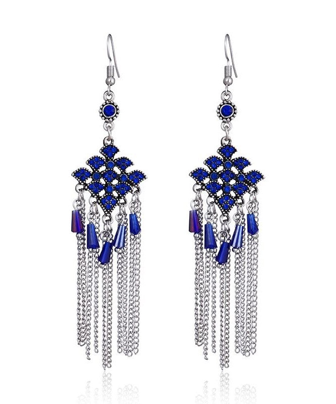 Casual Lake Blue Stainless Steel Zircon Tassel Drop Earrings