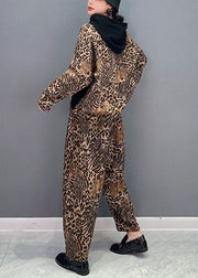 Casual Leopard Hooded Patchwork Cotton Two Pieces Set Spring