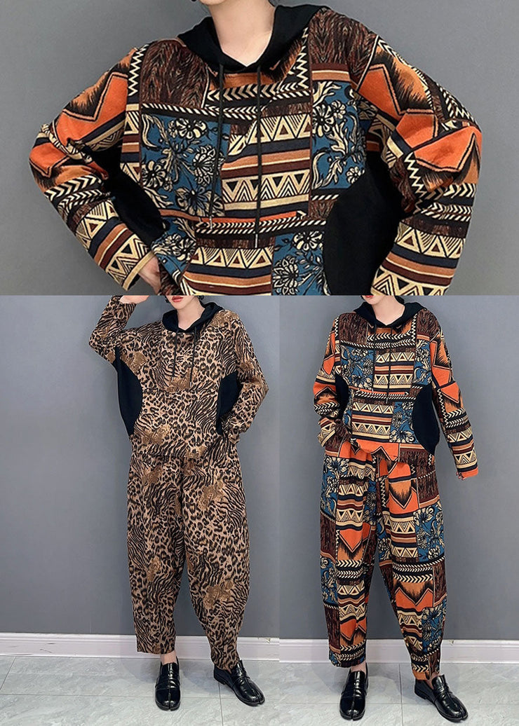 Casual Leopard Hooded Patchwork Cotton Two Pieces Set Spring