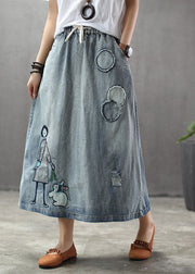 Casual Light Blue Elastic Waist Patchwork Cartoon Embroideried Tulle Denim Skirts Spring