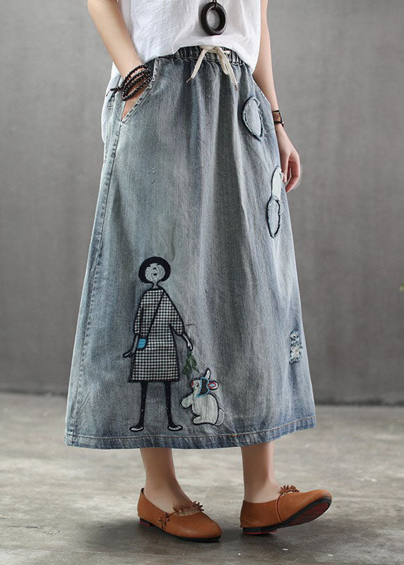 Casual Light Blue Elastic Waist Patchwork Cartoon Embroideried Tulle Denim Skirts Spring