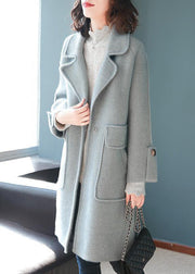 Casual Light Blue Lapel Pockets Thick Woolen Trench Fall