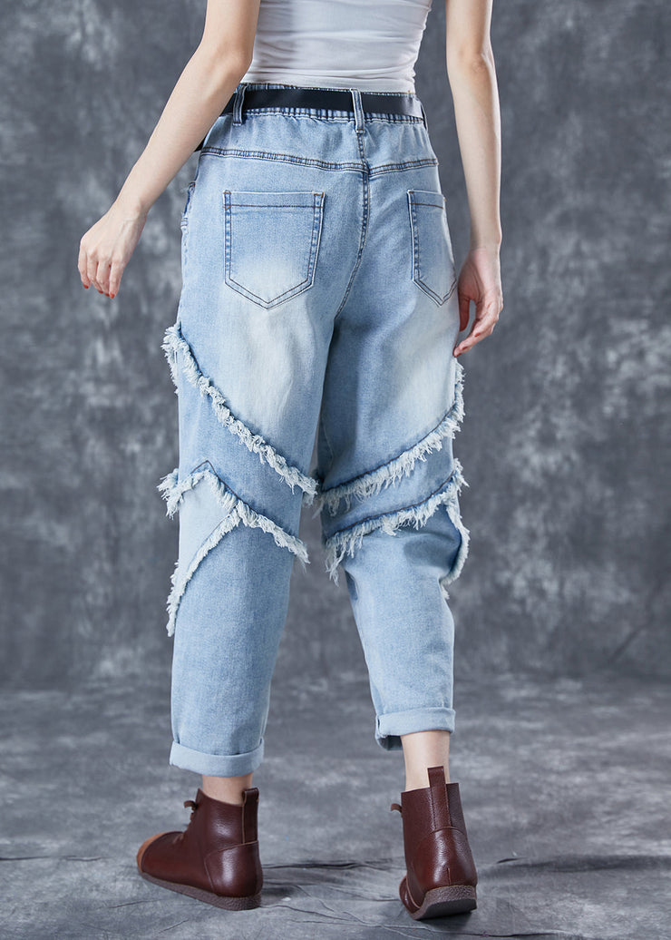 Casual Light Blue Oversized Patchwork Tassel Denim Pants Summer