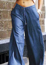 Casual Light Blue Pockets Lace Up Patchwork Denim Wide Leg Pants Summer