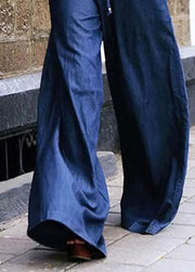 Casual Light Blue Pockets Lace Up Patchwork Denim Wide Leg Pants Summer