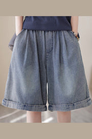 Casual Light Blue Pockets Patchwork Cotton Denim Shorts