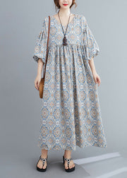 Casual Light Blue Print Wrinkled Long Dresses Lantern Sleeve