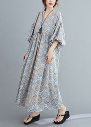 Casual Light Blue Print Wrinkled Long Dresses Lantern Sleeve