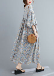 Casual Light Blue Print Wrinkled Long Dresses Lantern Sleeve