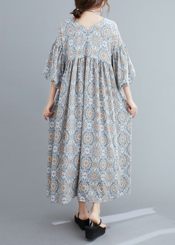 Casual Light Blue Print Wrinkled Long Dresses Lantern Sleeve