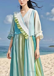 Casual Light Blue Ruffled Patchwork Wrinkled Linen Dress Summer