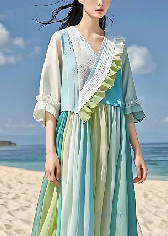 Casual Light Blue Ruffled Patchwork Wrinkled Linen Dress Summer