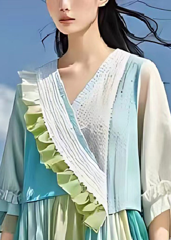 Casual Light Blue Ruffled Patchwork Wrinkled Linen Dress Summer