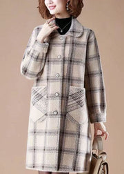 Casual Light Camel Peter Pan Collar Pockets Plaid Mink Hair Knitted Coats Winter