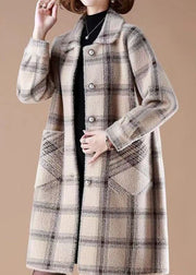 Casual Light Camel Peter Pan Collar Pockets Plaid Mink Hair Knitted Coats Winter