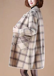 Casual Light Camel Peter Pan Collar Pockets Plaid Mink Hair Knitted Coats Winter