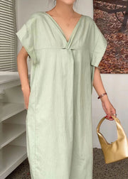 Casual Light Green V Neck Wrinkled Patchwork Cotton Dresses Summer