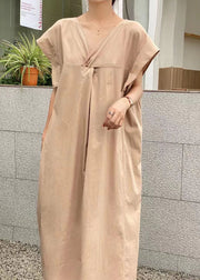 Casual Light Green V Neck Wrinkled Patchwork Cotton Dresses Summer