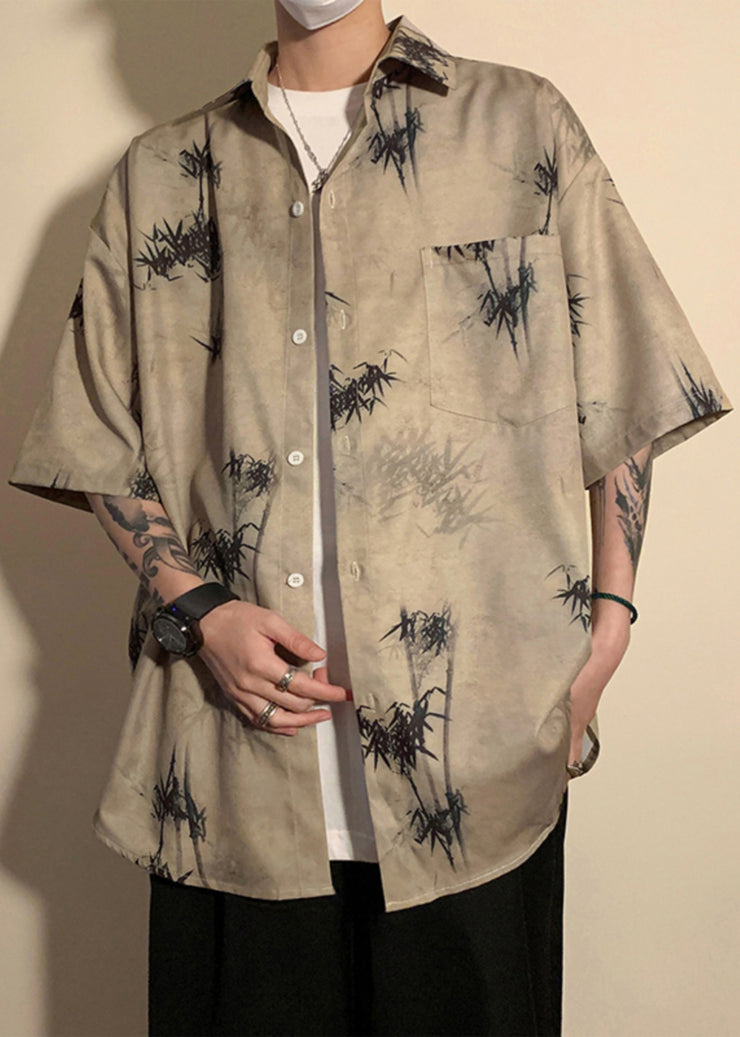 Casual Light Grey Button Print Pockets Ice Silk Mens Shirt Half Sleeve