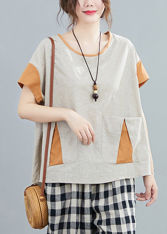 Casual Light Grey Oversized Patchwork Pockets Cotton Tanks Summer