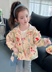 Casual Light Khaki Hooded Print Pockets Cotton Girls Coat Fall