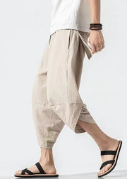 Casual Light Khaki Striped Elastic Waist Cotton Men Crop Pants Summer