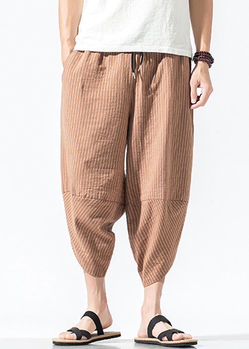 Casual Light Khaki Striped Elastic Waist Cotton Men Crop Pants Summer