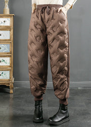 Casual Loose Coffee Pockets Elastic Waist Duck Down Beam Pants Winter