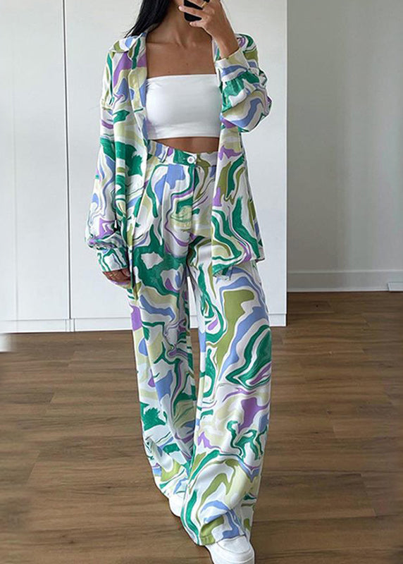 Casual Loose Green Print Tops And Pants Two Pieces Set Summer