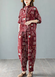 Casual Mulberry Stand Collar Print Coats And Harem Pants Two Pieces Set Long Sleeve