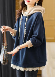 Casual Navy Blue Drawstring Lace Patchwork Fleece Hoodie Sweatshirt Fall