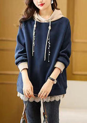 Casual Navy Blue Drawstring Lace Patchwork Fleece Hoodie Sweatshirt Fall