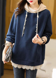 Casual Navy Blue Drawstring Lace Patchwork Fleece Hoodie Sweatshirt Fall