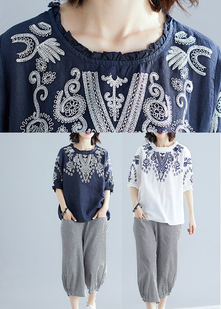 Casual Navy Blue Embroideried Top And Harem Pants Two Pieces Set Short Sleeve