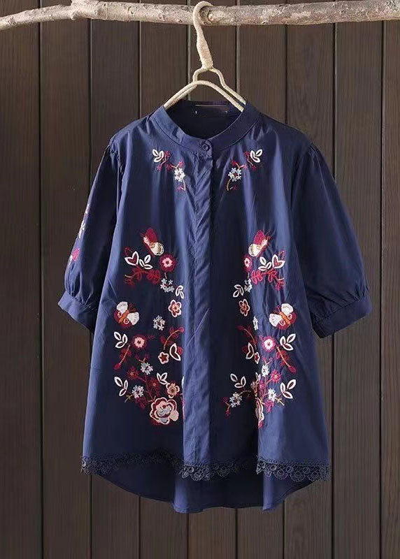 Casual Navy Embroidered Low High Design Cotton Blouse Top Summer