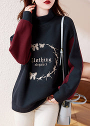 Casual Navy Embroidered Patchwork Warm Fleece Sweatshirt Streetwear Winter