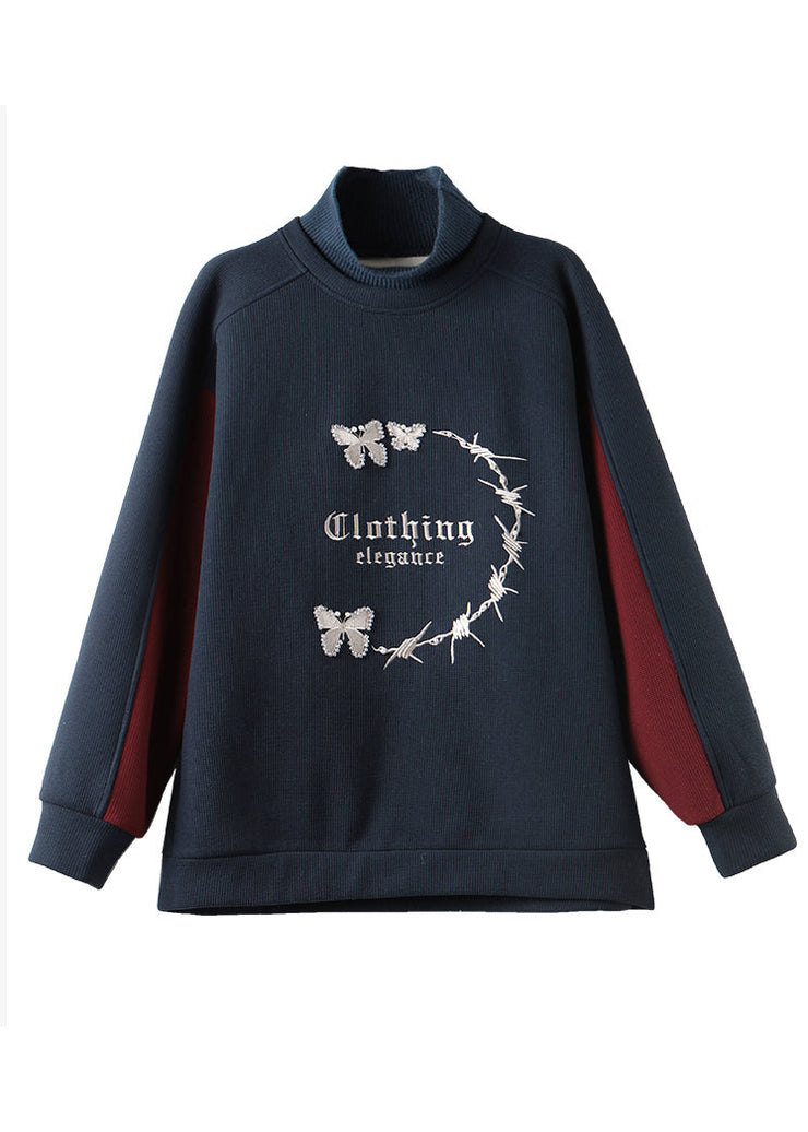 Casual Navy Embroidered Patchwork Warm Fleece Sweatshirt Streetwear Winter