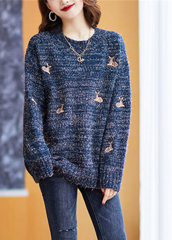 Casual Navy O-Neck Animal Embroideried Knit Sweaters Fall