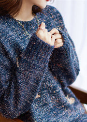 Casual Navy O-Neck Animal Embroideried Knit Sweaters Fall