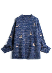 Casual Navy O-Neck Animal Embroideried Knit Sweaters Fall