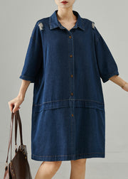 Casual Navy Oversized Patchwork Denim Ripped Dresses Summer