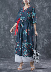 Casual Navy Oversized Print Lace Up Linen Dresses Summer