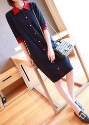 Casual Navy Peter Pan Collar Button Knitted Dresses Half Sleeve