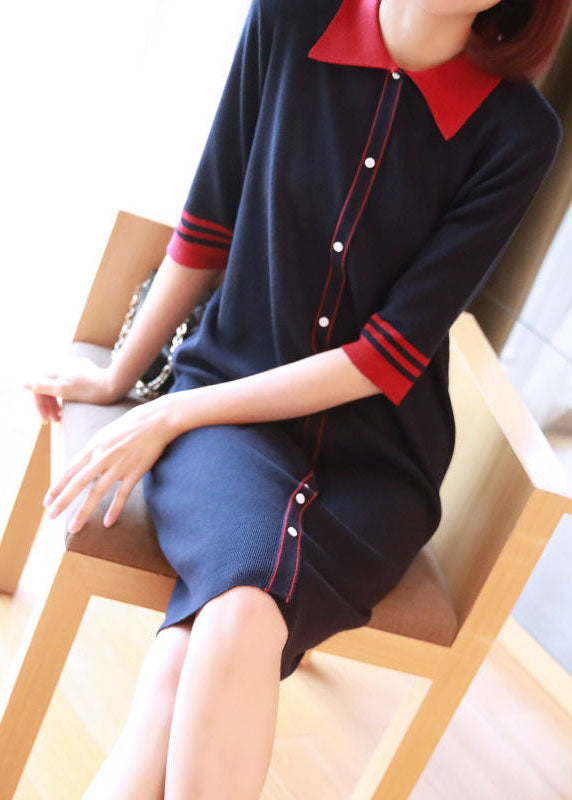 Casual Navy Peter Pan Collar Button Knitted Dresses Half Sleeve