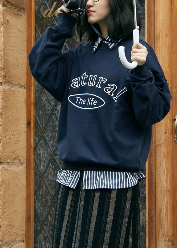 Casual Navy Peter Pan Collar Graphic Embroideried Striped Patchwork Sweatshirts Fall